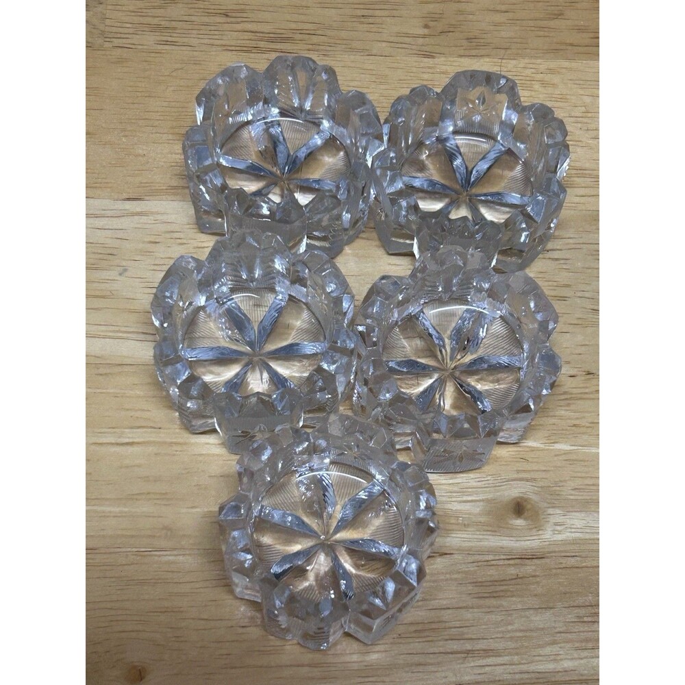 Antique 5 Crystal Prism Cut Glass Open Salt Dish Dip Cellars Feather/Star Design